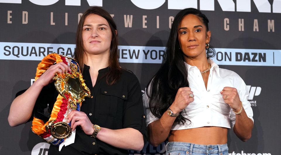 Katie Taylor, left, and Amanda Serrano at a London press conference ahead of their undisputed world lightweight title showdown in April (Adam Davy/PA)