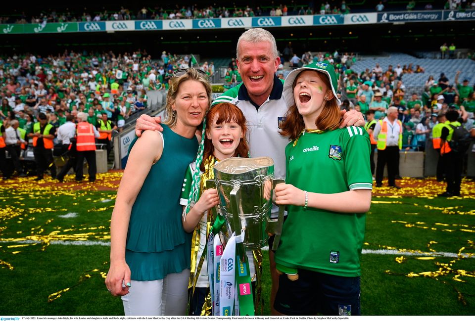 Limerick manager John Kiely, his wife Louise and daughters Aoife and Ruth, right, celebrate with the Liam MacCarthy Cup after victory over Kilkenny at Croke Park in Dublin. Photo: Stephen McCarthy/Sportsfile