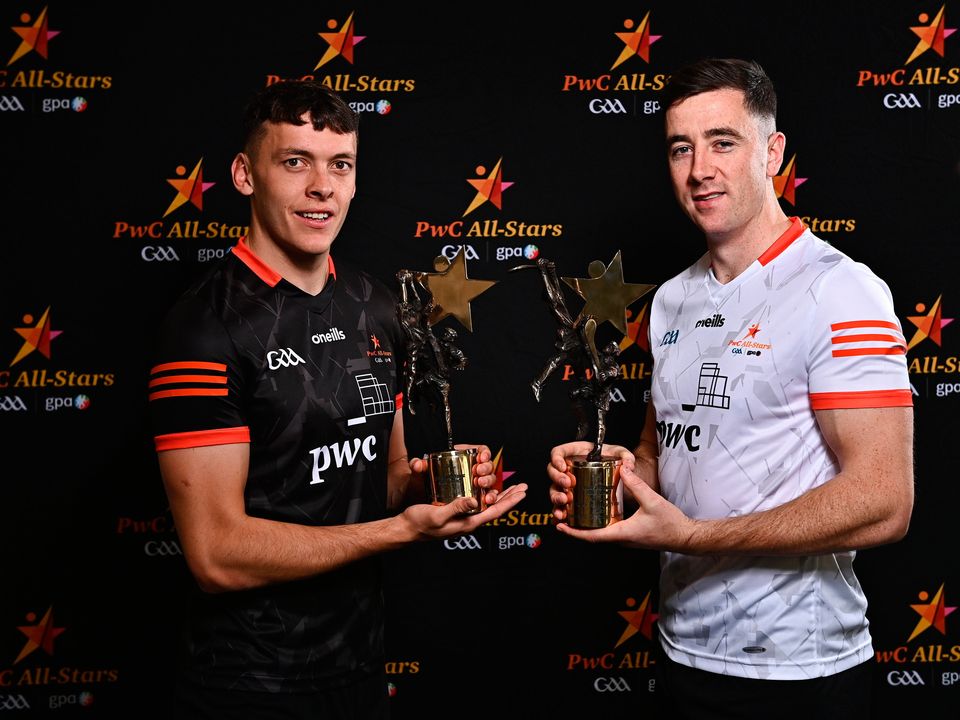 David Clifford of Kerry, left, and Diarmuid Byrnes of Limerick, with their PwC All Star Player of the Year awards at the PwC All-Stars Awards 2022 at the Convention Centre in Dublin. Photo by Sam Barnes/Sportsfile
