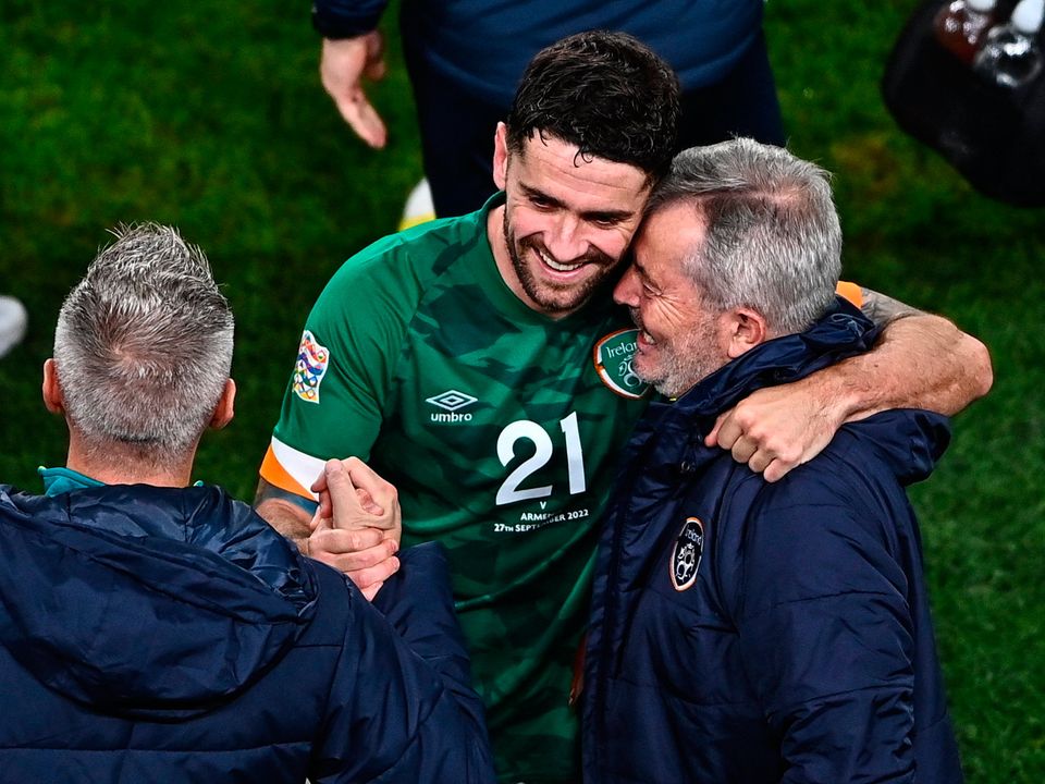 Robbie Brady celebrates with team doctor Alan Byrne after the UEFA Nations League B Group 1 win over Armenia at Aviva Stadium in Dublin. Photo by Sam Barnes/Sportsfile