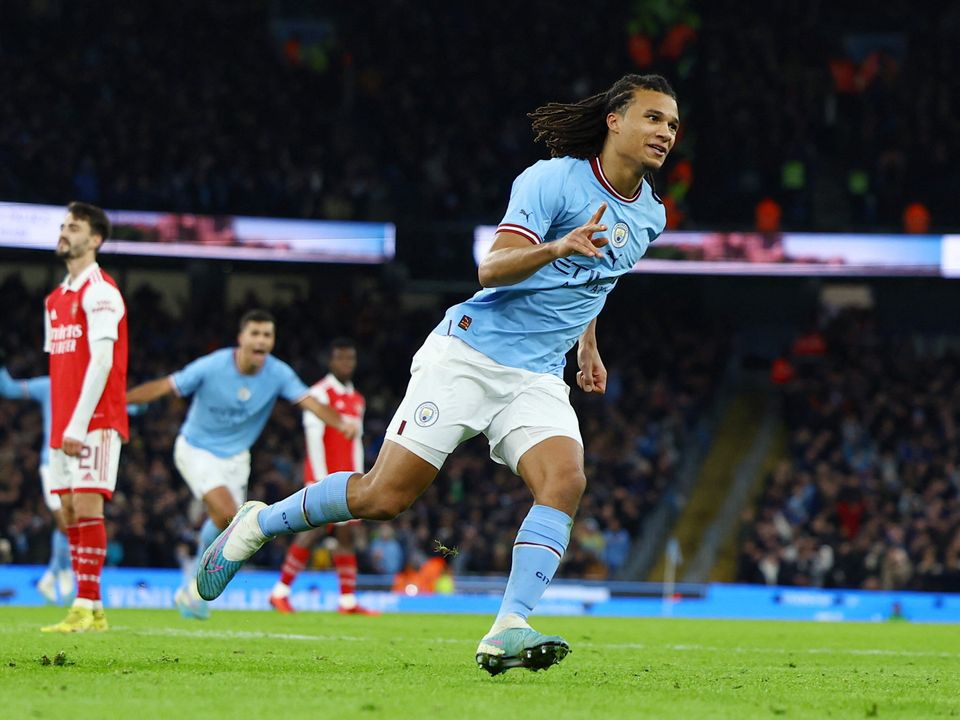 Manchester City's Nathan Ake celebrates scoring their first goal REUTERS/Molly Darlington
