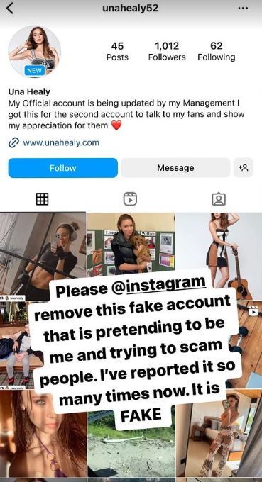 Una took to Instagram to ask the platform to remove a fake account.