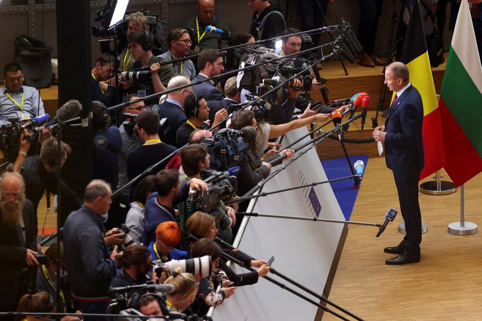 Taoiseach Micheal Martin speaks to media as he arrives for the European Union leaders summit, as EU's leaders attempt to agree on Russian oil sanctions in response to Russia's invasion of Ukraine, in Brussels, Belgium May 30, 2022. REUTERS/Johanna Geron