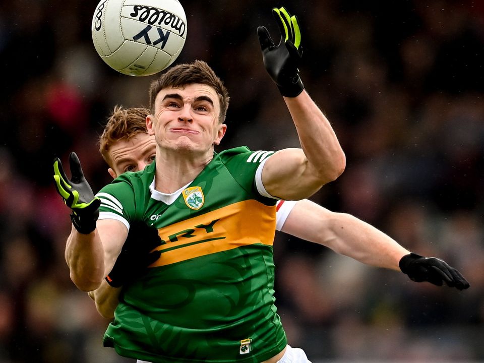 5 March 2023; Seán O'Shea of Kerry in action against Peter Harte of Tyrone during the Allianz Football League Division 1 match between Tyrone and Kerry at O'Neill's Healy Park in Omagh, Tyrone. Photo by Ramsey Cardy/Sportsfile