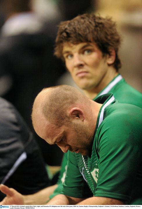 Ireland captain Rory Best, right, and Donncha O'Callaghan near the end of the game. RBS Six Nations Rugby Championship, England v Ireland, Twickenham