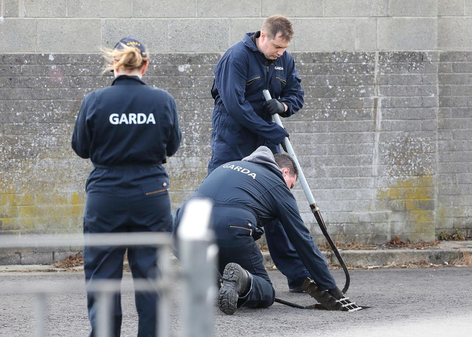 Garda search team members inspect a drain near the house in Sandyhill Court where Lisa Thompson was found stabbed to death. Photo: Frank McGrath