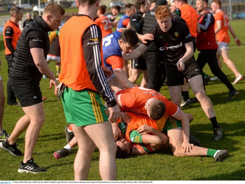 Both sides scuffle after the Allianz Football League Division 1 match between Donegal and Armagh. Photo: Oliver McVeigh/Sportsfile