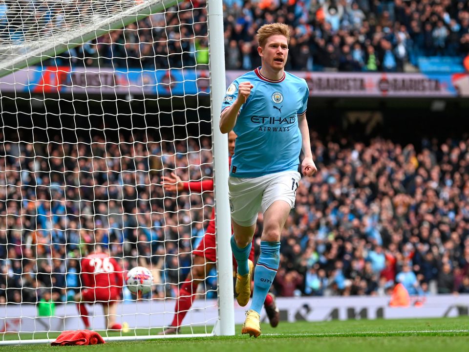 MANCHESTER, ENGLAND - APRIL 01: Kevin De Bruyne of Manchester City celebrates after scoring the team's second goal during the Premier League match between Manchester City and Liverpool FC at Etihad Stadium on April 01, 2023 in Manchester, England. (Photo by Michael Regan/Getty Images)