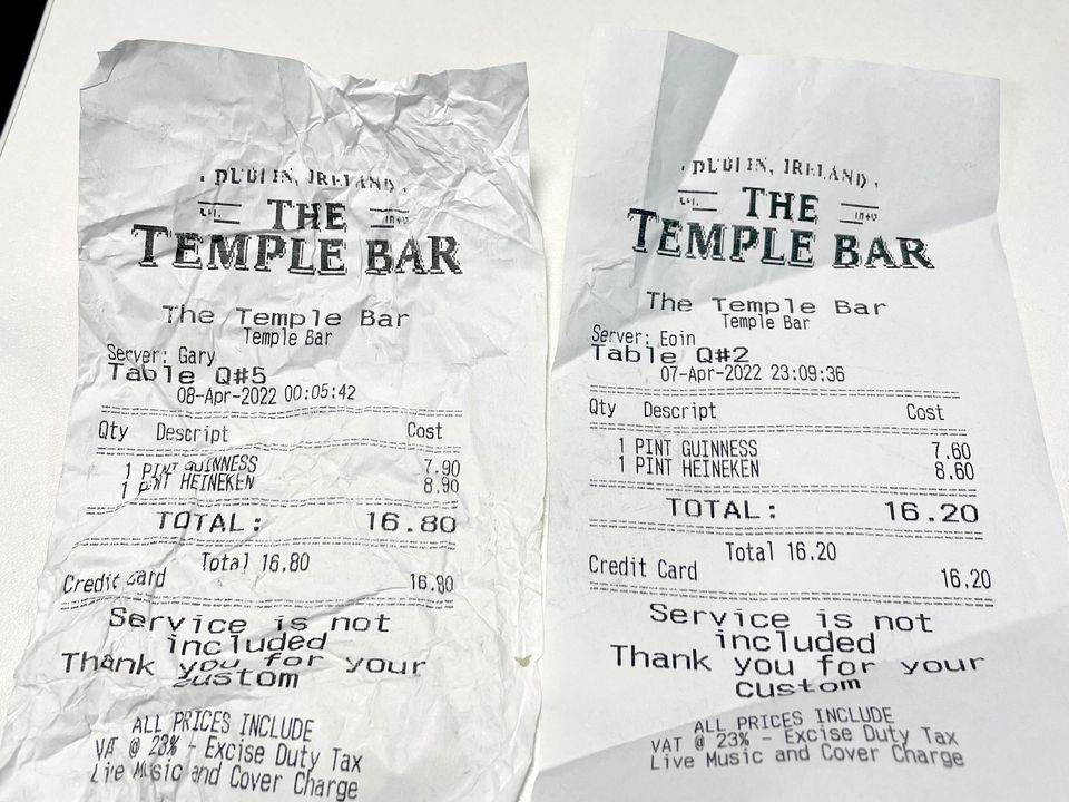 Till receipts from The Temple Bar