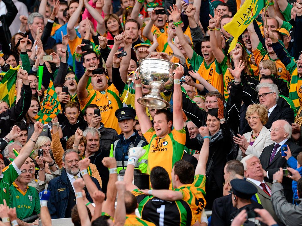 Donegal captain Michael Murphy lifts the Sam Maguire Cup following the 2012 final against Mayo. Photo: Oliver McVeigh/Sportsfile