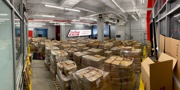 Boxes of counterfeit goods seized from the storage facility