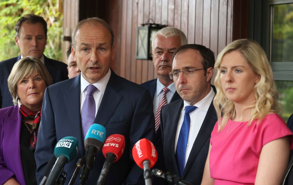 Taoiseach Micheál Martin and party colleagues, including Robert Troy (glasses) pictured at the Fianna Fáil parliamentary party think-in at the Mullingar Park Hotel. Picture: Damien Eagers