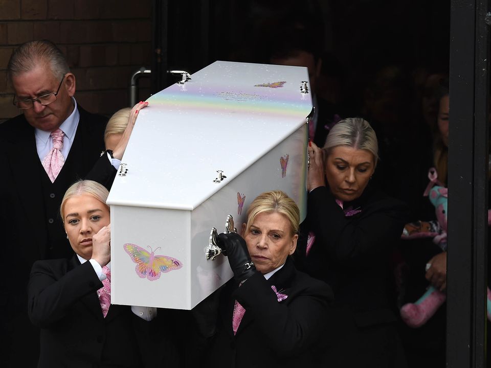 Olivia Pratt-Korbel's coffin is carried out of St Margaret Mary's Church in Knotty Ash, Liverpool after her funeral. The nine-year-old girl was shot at her home in Dovecot, Liverpool. Picture date: Thursday September 15, 2022.