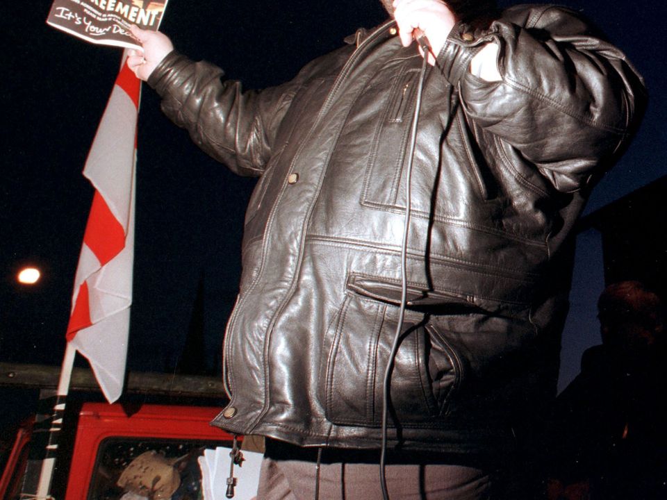 Peeples at a rally before he burned the Good Friday Agreement