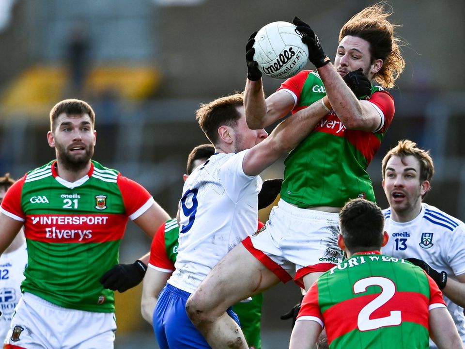 Padraig O'Hora of Mayo in action against Niall Kearns of Monaghan during the Allianz Football League Division 1 match