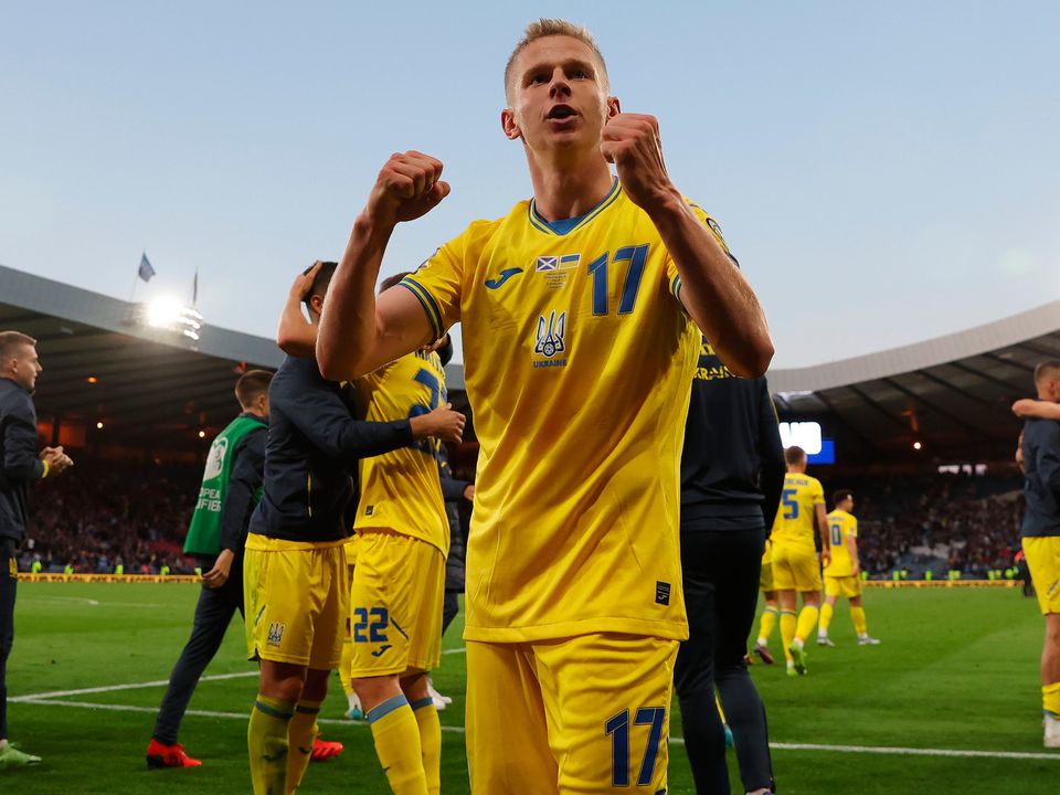 Oleksandr Zinchenko of Ukraine celebrates after their sides victory during the FIFA World Cup Qualifier match between Scotland and Ukraine at Hampden Park on June 01, 2022 in Glasgow, Scotland. (Photo by Ian MacNicol/Getty Images)