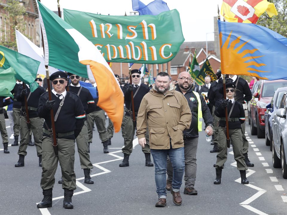 Thomas Ashe Mellon (brown coat) at the Saoradh Easter rally in Belfast this year