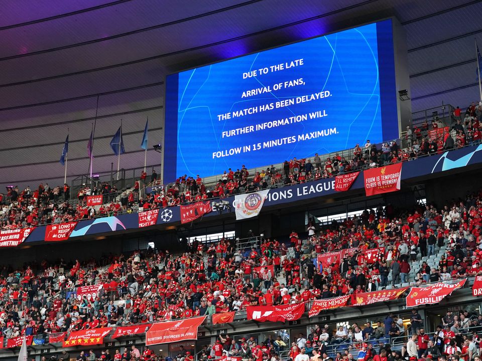 Electric screen at the Liverpool fans end displays a message confirming a delayed kick-off due to a security issue prior to the UEFA Champions League final last May.