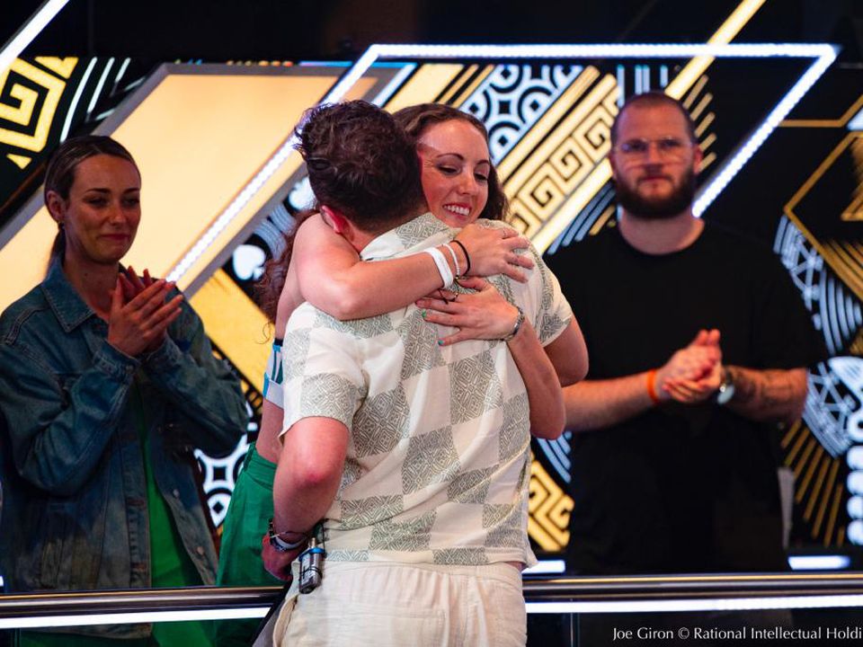 Sophie hugs Tom after his win
