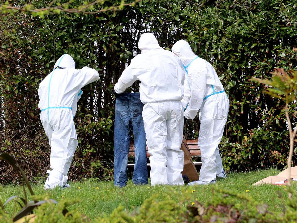 Gardaí forensic officers collect evidence in a field near the scene in Connaughton Road, Sligo