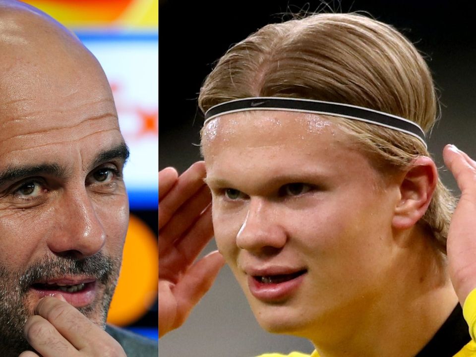 Pep Guardiola (left) has hinted that Erling Haaland (right) could be on his way to Manchester City