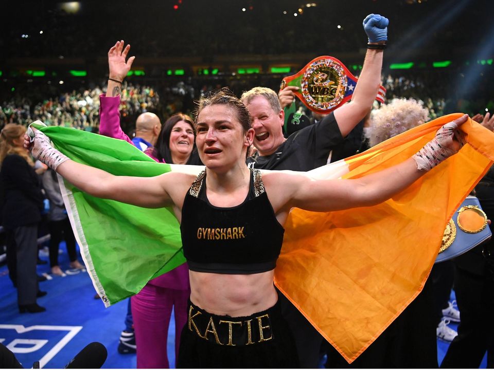 30 April 2022; Katie Taylor celebrates her undisputed world lightweight championship fight victory over Amanda Serrano at Madison Square Garden in New York, USA. Photo by Stephen McCarthy/Sportsfile