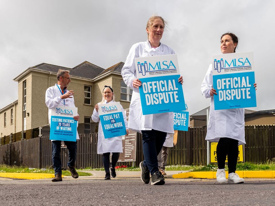 Scientists striking at Bantry Hospital last week. Another two-day strike begins today. Photo: Andy Gibson