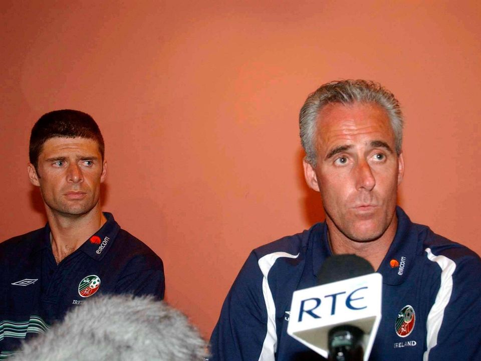 Mick McCarthy and Niall Quinn during a press conference to announce the departure from the squad of then captain Roy Keane before the 2002 World Cup. Photo: Sportsfile