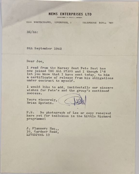 Brian Epstein’s letter about Pete Best (Omega Auctions/PA)