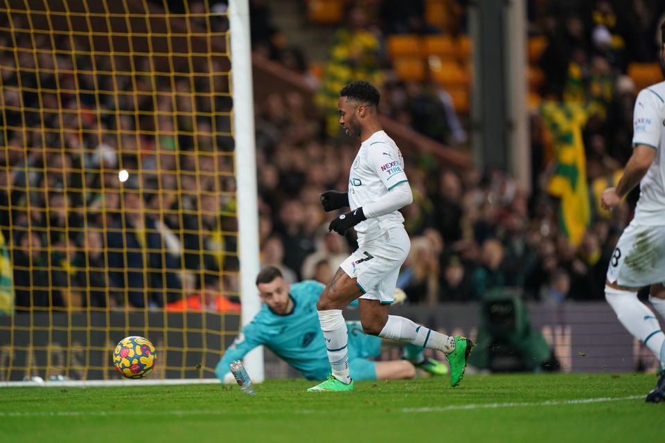 Raheem Sterling followed up his saved penalty to complete the scoring against Norwich (Joe Giddens/PA)