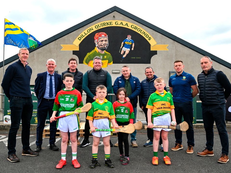 At the launch of The Dillon Quirke Foundation fundraising in association with The Circet All-Ireland GAA Golf Challenge at the Clonoulty-Rossmore GAA Club in Tipperary is children from Clonoulty and Rossmore schools, from left, Rian Quinn, aged nine, Scott Wood, aged ten, Hazel Rayn, aged nine and Jamie O'Sullivan, aged eight, with inter-county hurling managers, from left, Henry Shefflin of Galway, John Kiely of Limerick, Darren Gleeson of Antrim, Darragh Egan of Wexford, Pat Ryan of Cork, Davy Fitzgerald of Waterford, Stephen Molumphy of Kerry and Liam Cahill of Tipperary