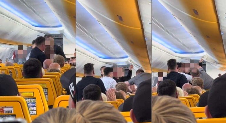 Images from a video of the fight on board the plane