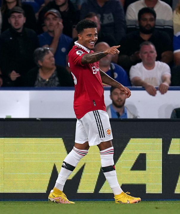 Manchester United's Jadon Sancho celebrates scoring their side's first goal of the game during the Premier League match at the King Power Stadium, Leicester. Picture date: Thursday September 1, 2022.