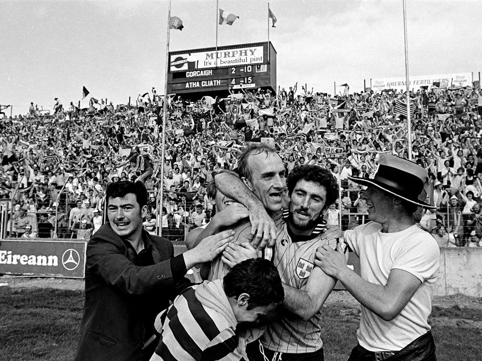 Dublin's Brian Mullins, left, and  Ciarán Duff celebrate with supporters after the final whistle in the All-Ireland semi-final of 1983. Photo: Ray McManus/Sportfile