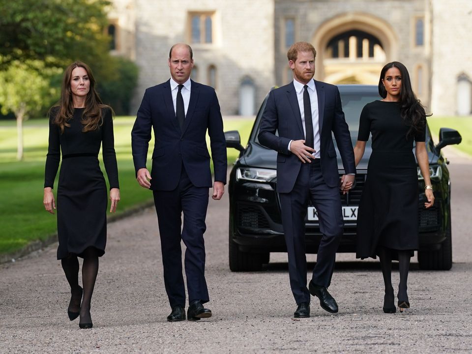 The Princess of Wales, the Prince of Wales and the Duke and Duchess of Sussex walk to meet members of the public at Windsor Castle in Berkshire following the death of Queen Elizabeth II on Thursday. Picture date: Saturday September 10, 2022.
