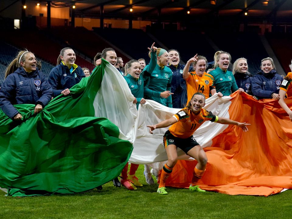 File photo dated 11-10-2022 of Republic of Ireland players celebrate following victory over Scotland at Hampden Park. UEFA has fined the Football Association of Ireland after its senior women’s team sang a pro-IRA song after their World Cup play-off win over Scotland. Issue date: Thursday December 8, 2022.