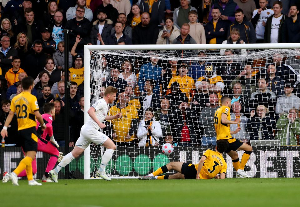 Kevin De Bruyne scores his second goal of the game (Bradley Collyer/PA)