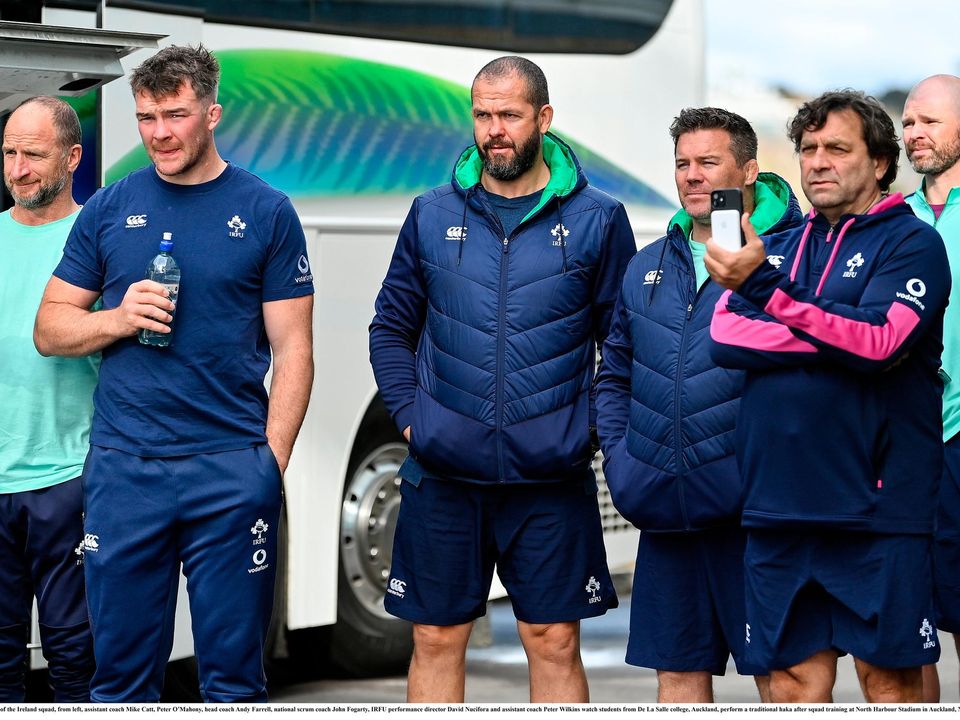 Members of the Ireland squad, from left, assistant coach Mike Catt, Peter O’Mahony, head coach Andy Farrell, national scrum coach John Fogarty, IRFU performance director David Nucifora and assistant coach Peter Wilkins watch students from De La Salle college, Auckland, perform a traditional haka after squad training at North Harbour Stadium in Auckland, New Zealand. Photo: Brendan Moran/Sportsfile