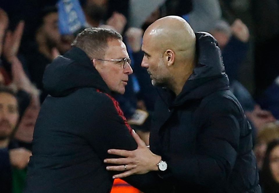 Manchester United boss Ralf Rangnick shakes hands with Manchester City manager Pep Guardiol
