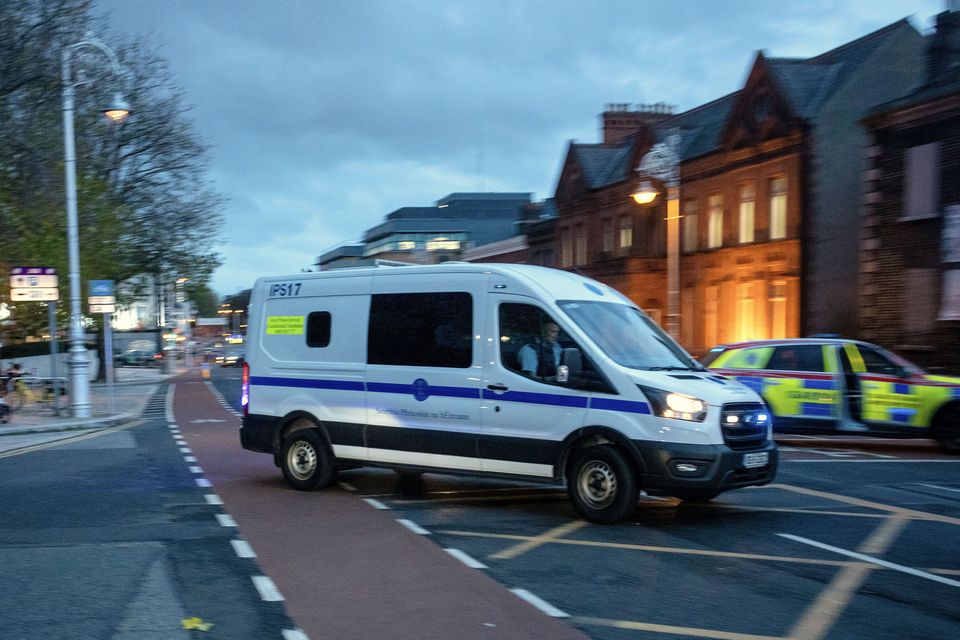 A prison van under heavy Garda escort leaves the Special Criminal Court yesterday  where the trial of Gerry Hutch, for the murder of David Byrne, continues. PIC: Collins Courts