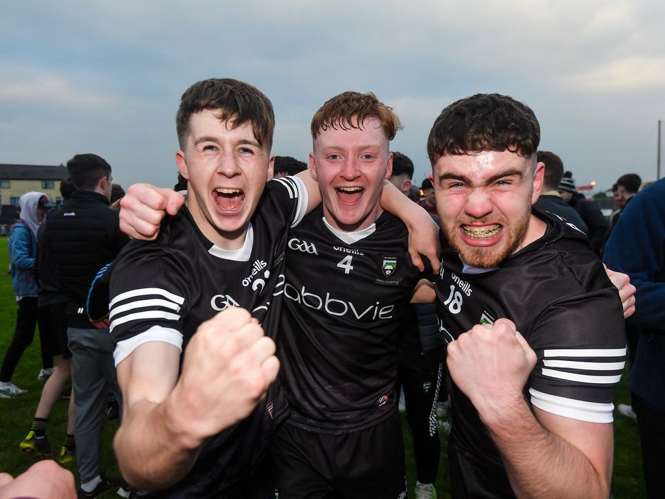 Sligo's James Kiernan, Luke Casserly and Ciaran O'Reilly celebrates after their EirGrid Connacht  Football U-20 Championship Final victory over Galway. Photo: Ray Ryan/Sportsfile