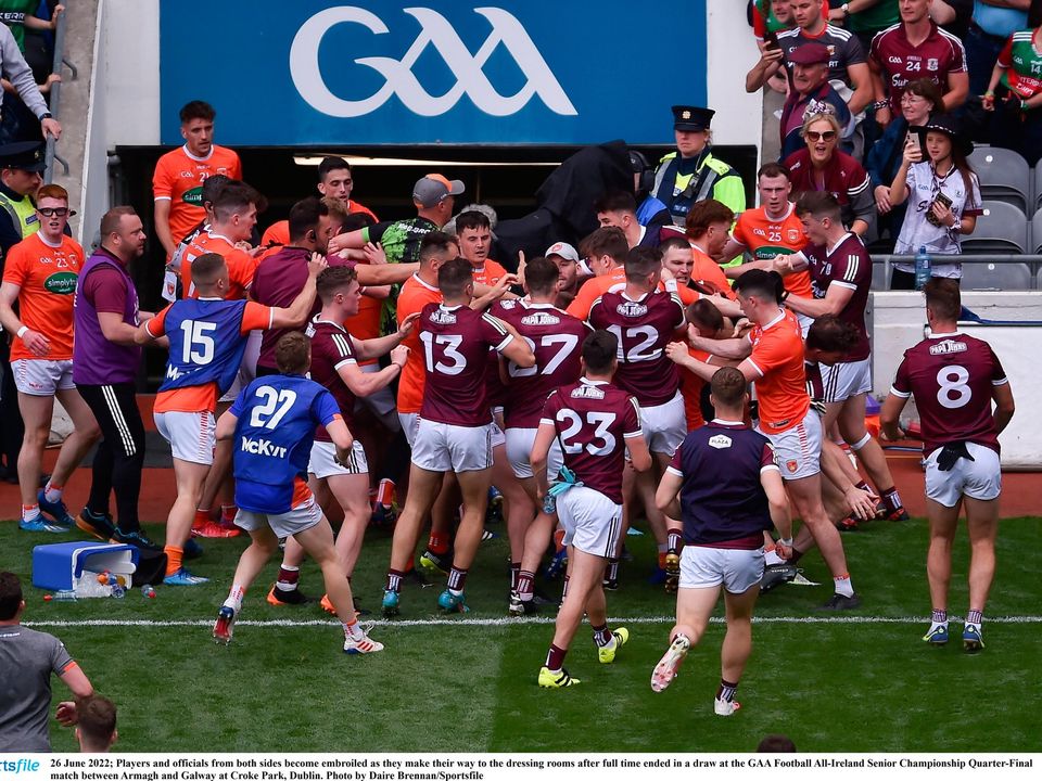 Players and officials from Armagh and Galway become embroiled as they make their way to the dressing rooms after full-time at the All-Ireland Senior Football Championship quarter-final at Croke Park, Dublin. Photo by Daire Brennan/Sportsfile