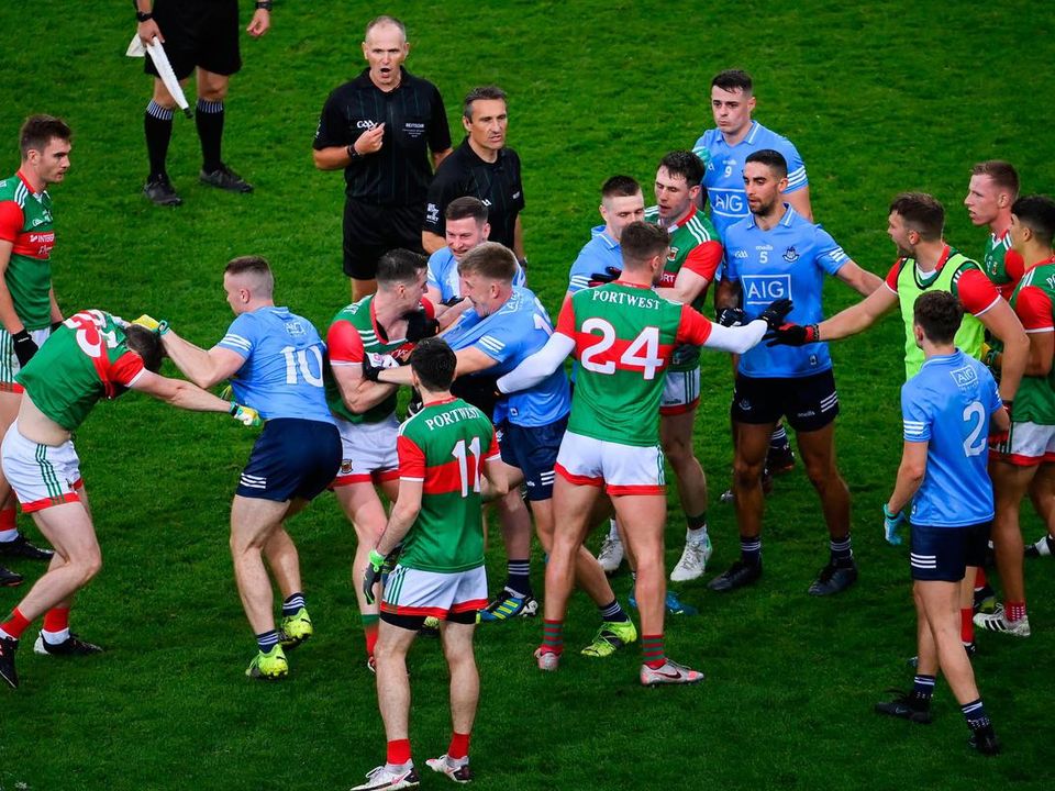 Players from both sides tussle during one of a number of fractious incidents in the All-Ireland SFC semi-final between Dublin and Mayo at Croke Park. Photo: Stephen McCarthy/Sportsfile