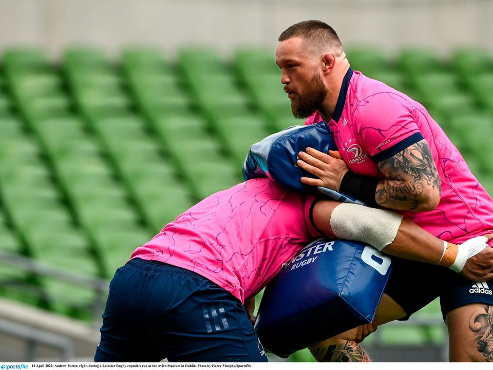 Andrew Porter, right, during a Leinster Rugby captain's run at the Aviva Stadium in Dublin. Photo by Harry Murphy/Sportsfile