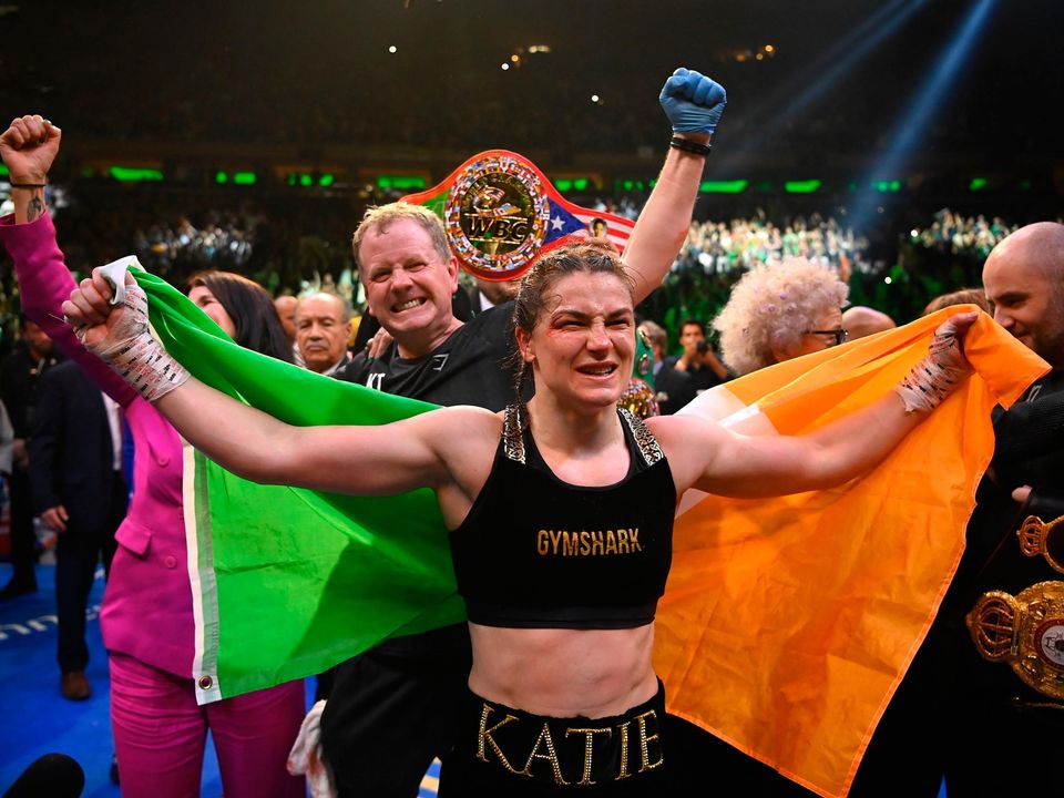 Katie Taylor celebrates her undisputed world lightweight championship fight victory over Amanda Serrano at Madison Square Garden Photo: Photo by Stephen McCarthy/Sportsfile