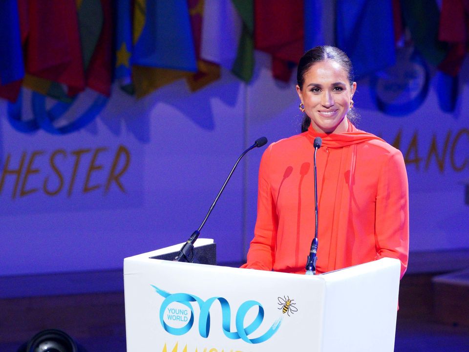 The Duchess of Sussex speaks at the One Young World 2022 Manchester Summit at Bridgewater Hall, Manchester, during their visit to the UK.