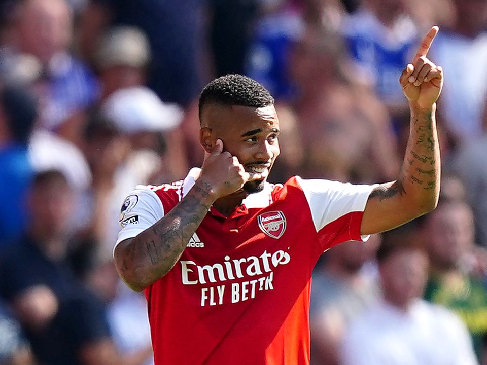 Arsenal's Gabriel Jesus celebrates scoring their side's first goal of the game during the Premier League match at the Emirates Stadium, London. Picture date: Saturday August 13, 2022.
