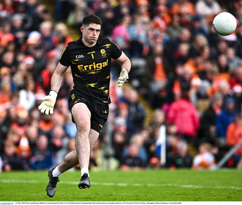 14 May 2023; Derry goalkeeper Odhran Lynch during the Ulster GAA Football Senior Championship Final match between Armagh and Derry at St Tiernach’s Park in Clones, Monaghan. Photo by Ramsey Cardy/Sportsfile