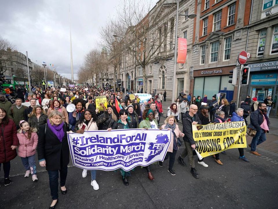 Crowds marching through O’Connell Street