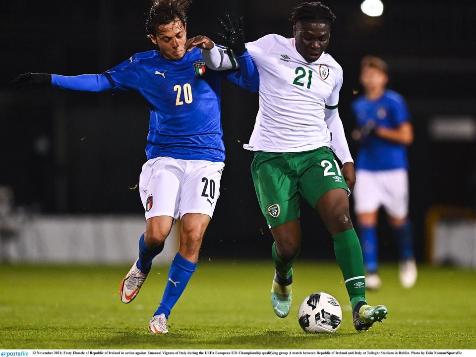 Ireland's Festy Ebosele, right, in action against Emanuel Vignato of Italy during the UEFA European U21 Championship qualifier in Tallaght last November. Photo: Eóin Noonan/Sportsfile